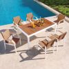 7 Piece Patio Dining Table Set, Outdoor Wicker Furniture Set of 6 Chairs, Two Tone Weave Rattan, Acacia Wood Tabletop