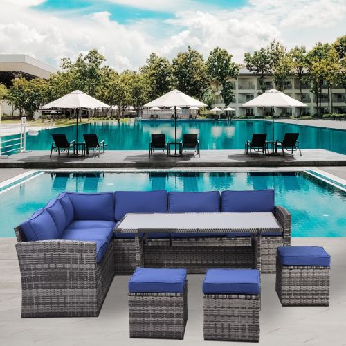 Outdoor Patio Furniture Set,7 Pieces Outdoor Sectional Conversation Sofa with Dining Table,Corner Chairs, Ottomans Outdoor Patio Furniture Set,7 Pieces Outdoor Sectional Conversation Sofa with Dining Table,Corner Chairs, Ottomans