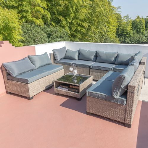 9-Piece Patio Furniture Set, All-Weather Boho Outdoor Conversation Set Sectional Sofa with Water Resistant Grey Thick Cushions 9-Piece Patio Furniture Set, All-Weather Boho Outdoor Conversation Set Sectional Sofa with Water Resistant Grey Thick Cushions