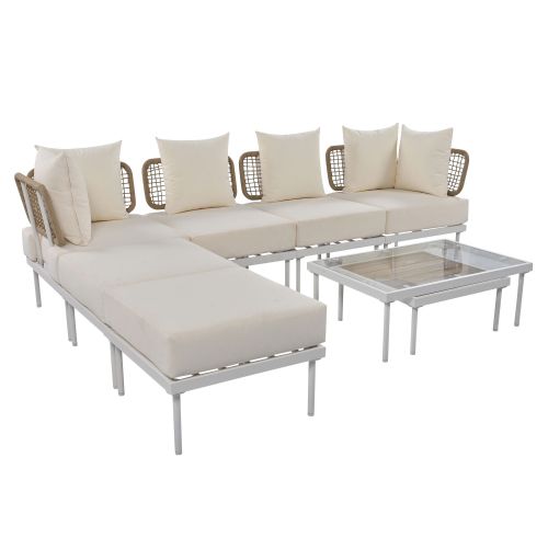 TREXM 8-Piece Patio Sectional Sofa Set with Tempered Glass Coffee Table and Wooden Coffee Table for Outdoor Oasis, Garden TREXM 8-Piece Patio Sectional Sofa Set with Tempered Glass Coffee Table and Wooden Coffee Table for Outdoor Oasis, Garden