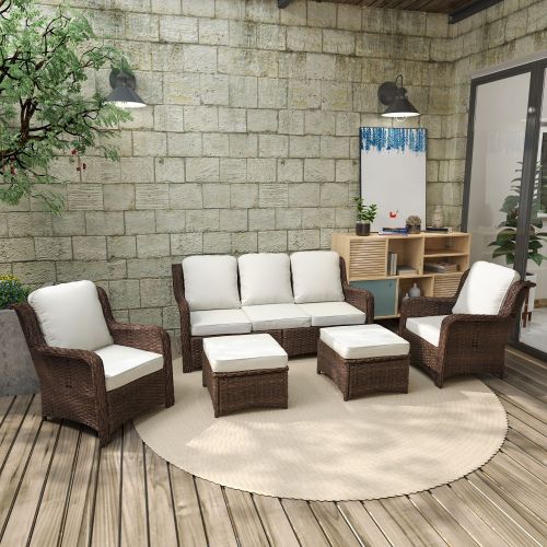Patio Furniture Set Rattan Outdoor Sectional Conversation Sets 3-Seat Outdoor Couch,2 Single Chair and 2 Ottoman for Lawn, Balcony, Garden Patio Furniture Set Rattan Outdoor Sectional Conversation Sets 3-Seat Outdoor Couch,2 Single Chair and 2 Ottoman for Lawn, Balcony, Garden